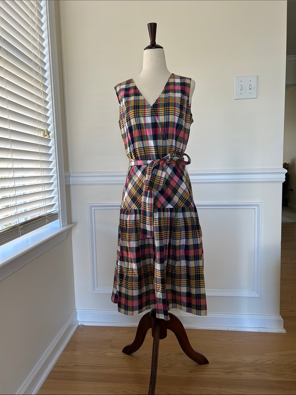 Brooks Brothers Sleeveless Plaid Midi Dress in Pink, Yellow & Blue